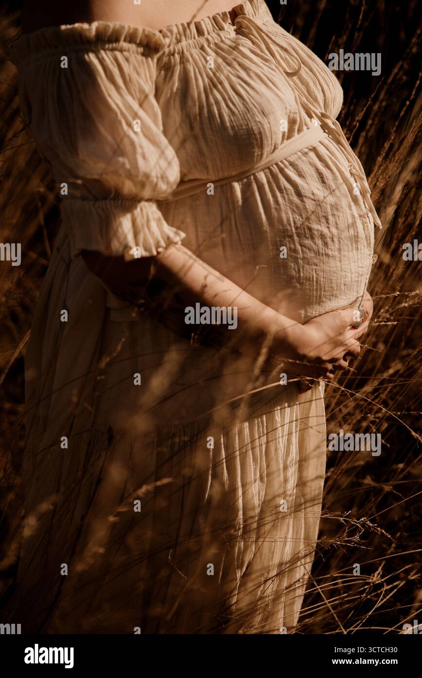 Femme enceinte tenant le ventre dans une grande herbe dorée Banque D'Images