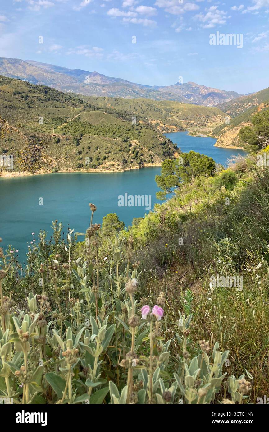 Rules Reservoir sur la rivière Guadalfeo est un plan d'eau vital niché au milieu d'un terrain montagneux saisissant, offrant des vues pittoresques et des signi régionaux Banque D'Images