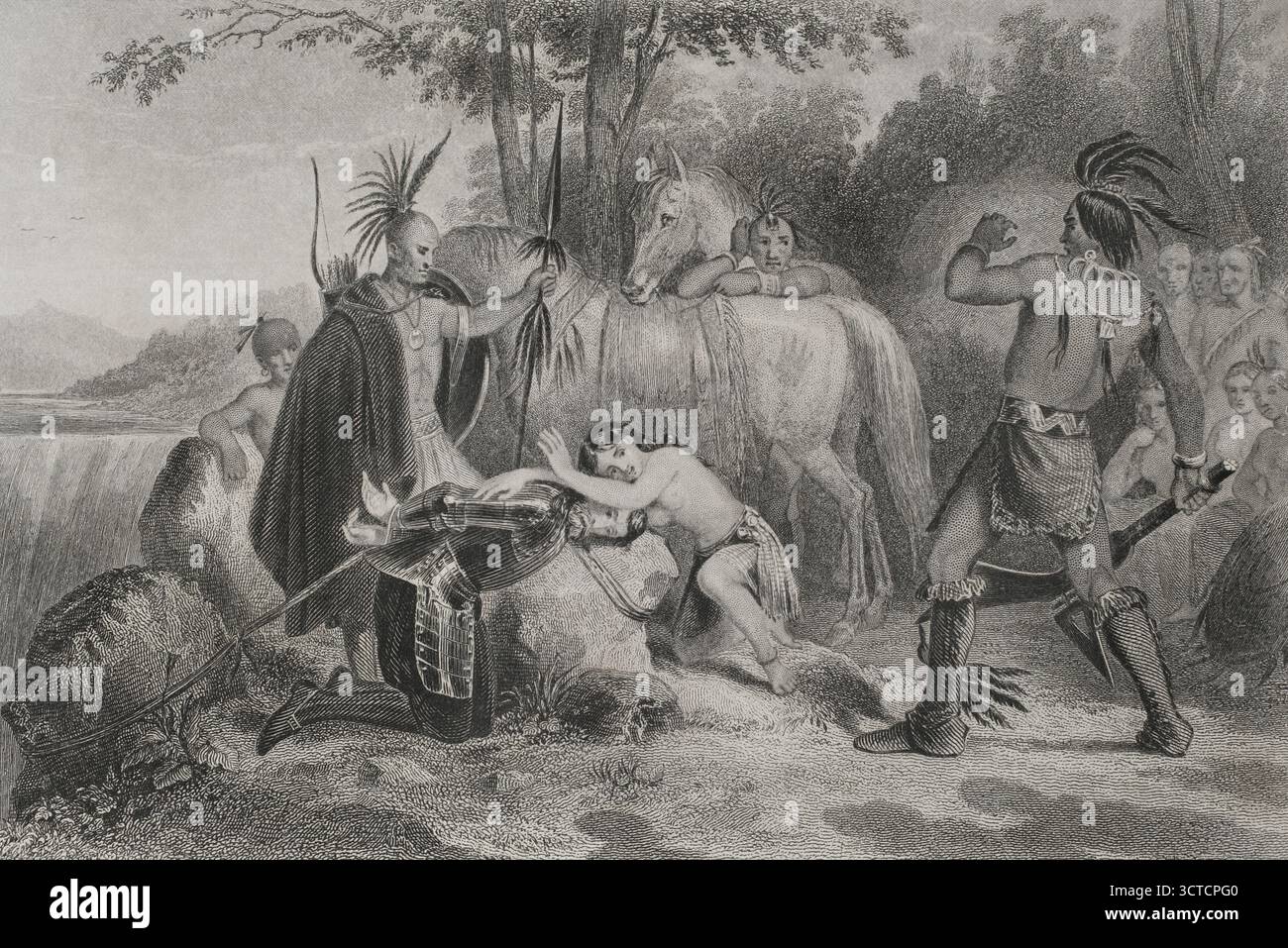 Pocahontas (c. 1595-1617). Amérindienne, fille aînée de Wahunsonacock, chef du Powhatan. En décembre 1607, le colon anglais John Smith (c. 1579-1631), l'un des chefs de la colonie de Jamestown, est capturé lors d'une expédition de chasse menée par Opechancanough, le frère cadet de Powhatan. John Smith est emmené à Werowocomoco, le village principal de la Confédération Powhatan, le long de la rivière York. Smith raconte en 1624 que Matoaka (Pocahontas) a empêché son père de l'exécuter. Smith sauvé par Pocahontas. T. Knight. Gravure. Histoire des États-Unis, par J. A. Spencer. Volume Banque D'Images