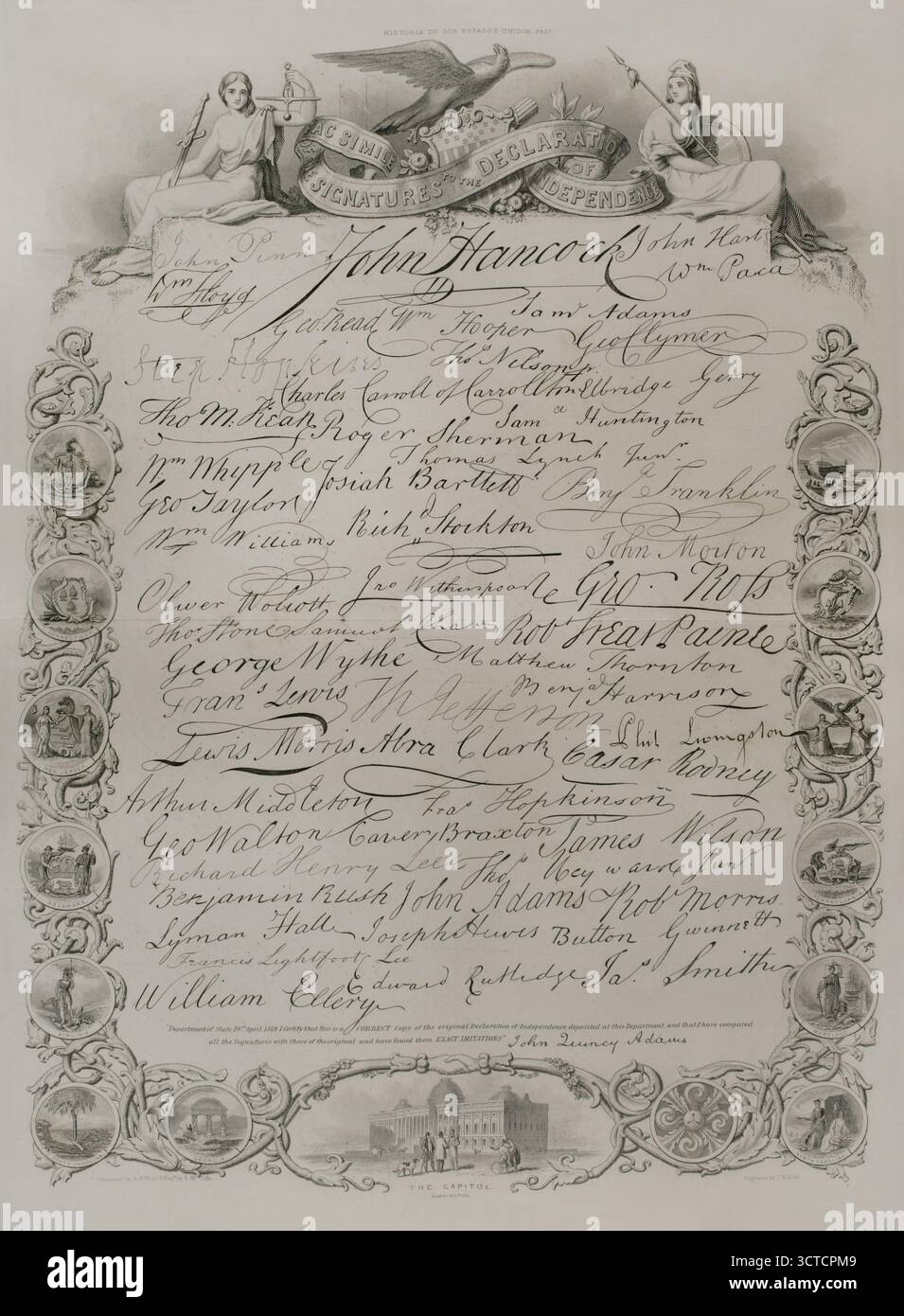 Déclaration d'indépendance des États-Unis. Document rédigé par le deuxième Congrès continental (1775-1781) à la Pennsylvania State House à Philadelphie le 4 juillet 1776. Elle proclame les treize colonies, alors en guerre avec la Grande-Bretagne, comme treize nouveaux états souverains et indépendants, qui ne sont plus soumis à la domination coloniale britannique. À leur place, ils fondèrent les États-Unis comme une nouvelle nation. Signatures à la Déclaration d'indépendance. Fac-similé. Gravure. Histoire des États-Unis, par J. A. Spencer. Volume I. Edition publiée à Barcelone, 1872. Banque D'Images