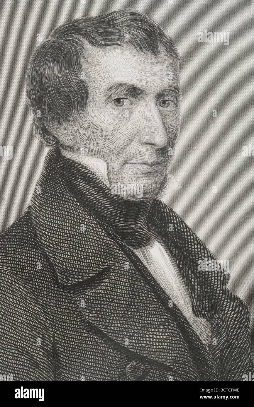 William Henry Harrison (1773-1841) Politicien et général américain. Neuvième Président des États-Unis (4 mars au 4 avril 1841). Il a été le premier président à mourir en fonction et la présidence la plus courte de l'histoire des États-Unis. Sa mort est due à une pneumonie, qu'il a contractée après avoir prononcé un discours sous la pluie et le froid. Portrait. Gravure d'Edwards d'après William Hendrik Franquinet (1785-1854). Détail. Histoire des États-Unis, par J. A. Spencer. Volume II. Edition publié à Barcelone, 1873. Banque D'Images William Henry Harrison (1773-1841) Politicien et général américain. Neuvième Président des États-Unis (4 mars au 4 avril 1841). Il a été le premier président à mourir en fonction et la présidence la plus courte de l'histoire des États-Unis. Sa mort est due à une pneumonie, qu'il a contractée après avoir prononcé un discours sous la pluie et le froid. Portrait. Gravure d'Edwards d'après William Hendrik Franquinet (1785-1854). Détail. Histoire des États-Unis, par J. A. Spencer. Volume II. Edition publié à Barcelone, 1873. Banque D'Images