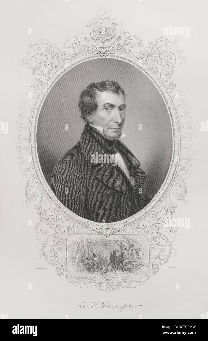 William Henry Harrison (1773-1841) Politicien et général américain. Neuvième Président des États-Unis (4 mars au 4 avril 1841). Il a été le premier président à mourir en fonction et la présidence la plus courte de l'histoire des États-Unis. Sa mort est due à une pneumonie, qu'il a contractée après avoir prononcé un discours sous la pluie et le froid. Portrait. Gravure d'Edwards d'après William Hendrik Franquinet (1785-1854). Histoire des États-Unis, par J. A. Spencer. Volume II. Edition publié à Barcelone, 1873. Banque D'Images William Henry Harrison (1773-1841) Politicien et général américain. Neuvième Président des États-Unis (4 mars au 4 avril 1841). Il a été le premier président à mourir en fonction et la présidence la plus courte de l'histoire des États-Unis. Sa mort est due à une pneumonie, qu'il a contractée après avoir prononcé un discours sous la pluie et le froid. Portrait. Gravure d'Edwards d'après William Hendrik Franquinet (1785-1854). Histoire des États-Unis, par J. A. Spencer. Volume II. Edition publié à Barcelone, 1873. Banque D'Images