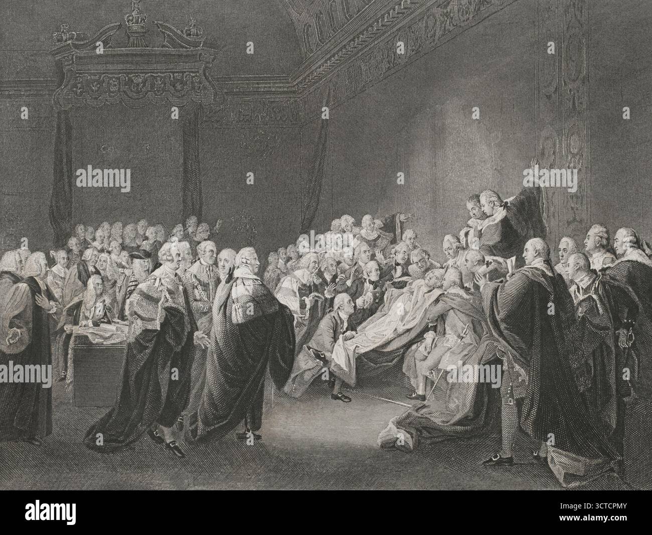 La mort du comte de Chatham. Il représente l'effondrement de William Pitt (1708-1778), 1er comte de Chatham, à la Chambre des lords, le 7 avril 1778. Chatham est entouré de ses trois fils (John, William et James) et de son gendre (Lord Mahon) et soutenu par les ducs de Cumberland et Portland. Gravure de F.C. Nicholson d'après une peinture de l'artiste américain John Singleton Copley (1738-1815) en 1779-1780. Histoire des États-Unis, par J. A. Spencer. Volume II. Edition publié à Barcelone, 1873. Banque D'Images