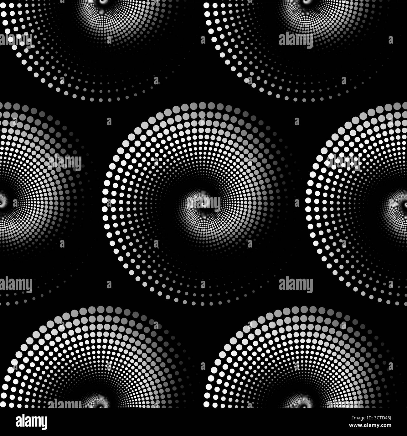 Motif de texture spirale sans couture demi-teinte, arrière-plan de cercles de points noirs et blancs abstraits, conception en pointillés circulaires dans un style rétro, demi-teinte dynamique Illustration de Vecteur