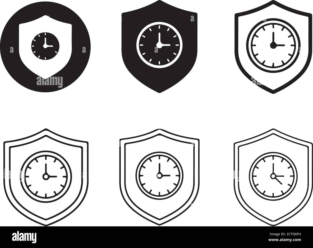 Trois boucliers d'horloge et trois contours d'horloge sur la silhouette de fond transparente Illustration de Vecteur