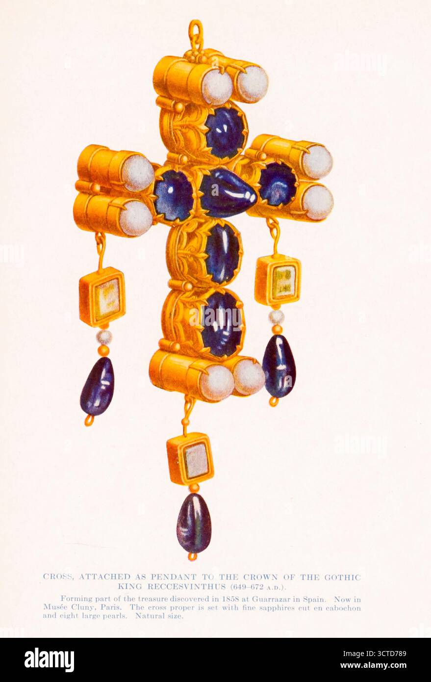 CROIX, ATTACHÉE COMME PENDENTIF À LA COURONNE DU ROI GOTHIQUE RECCESVINTHUS (649-672 A.P.). Faisant partie du trésor découvert en 1858 à Guarrazar en Espagne. Maintenant au Musée Cluny, Paris. La croix proprement dite est sertie de fins saphirs taillés en cabochon et de huit grosses perles. Taille naturelle. De ' la curieuse tradition des pierres précieuses ' étant une description de leurs sentiments et coutumes folkloriques, superstitions, symbolisme, mysticisme, utilisation en médecine, protection, prévention, religion et divination ; regard de cristal, pierres de naissance, pierres chanceuses et talismans, astraux, zodiacaux et planétaires par Kunz, George Frede Banque D'Images