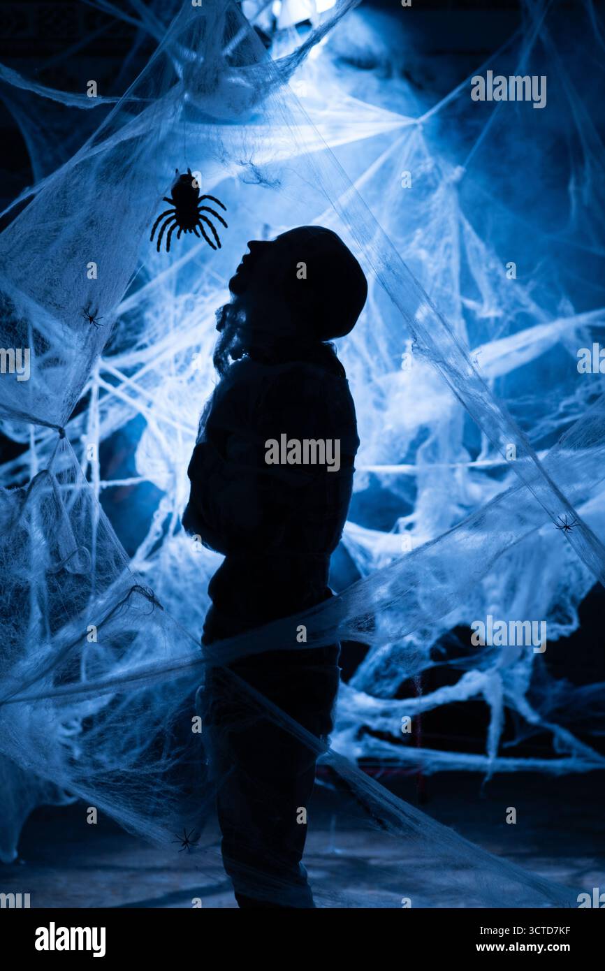 Homme dans la toile d'araignée avec l'insecte d'araignée sur fond noir. Lumière bleue pour le concept d'halloween Banque D'Images
