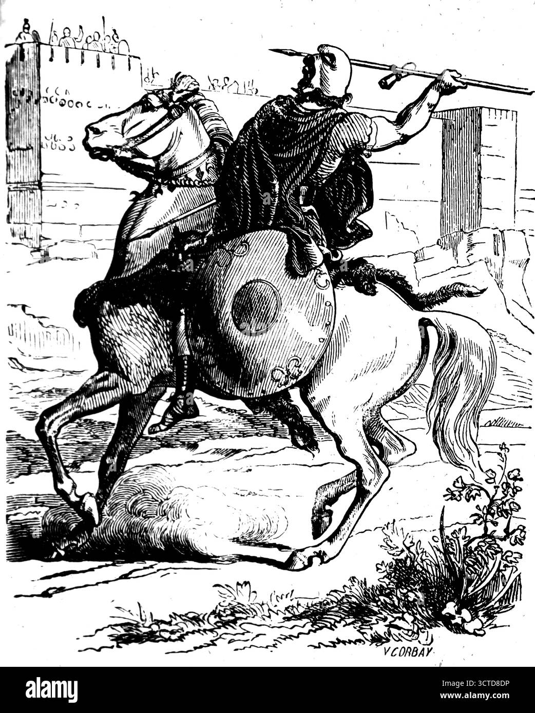 Guerre civile. Un messager lance une fléchette avec un message du camp de César au camp de Cicéron. Gravure, 1851. Banque D'Images