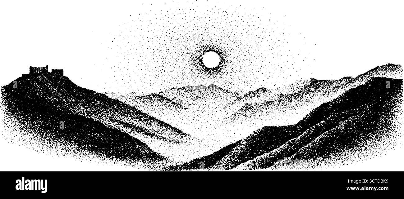 Paysage de ruines antiques dans le style dotwork avec soleil pointillé sur les montagnes. Illustration de Vecteur