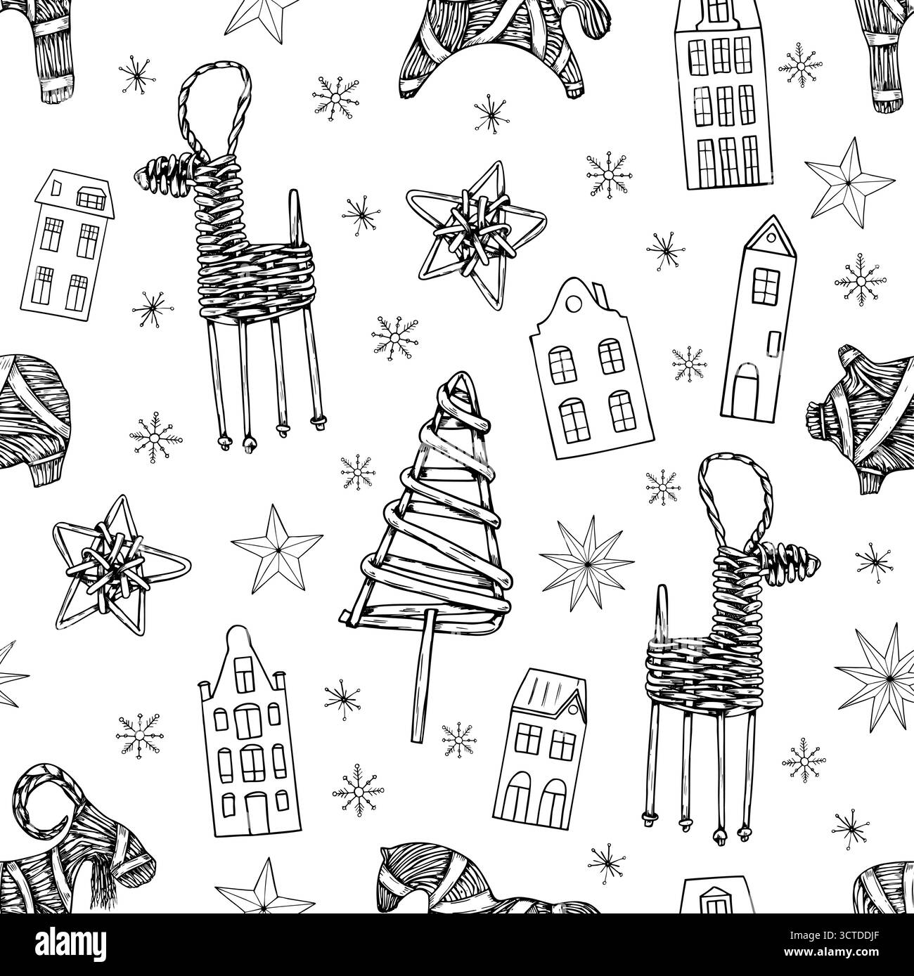 Motif sans couture de vecteur de jouets de Noël dans le style linéaire scandinave. Animaux traditionnels en bois, arbre, étoile, maison, flocons de neige ornés. Décoration de Noël Illustration de Vecteur