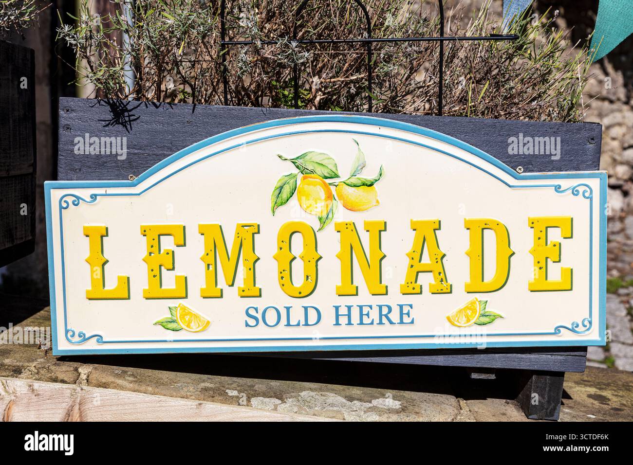 Limonade vendue ici signe, limonade vendue ici, limonade, limonade signe, signe, rustique, signe rustique, signe en bois, signe peint à la main, peint à la main, rustique, Banque D'Images