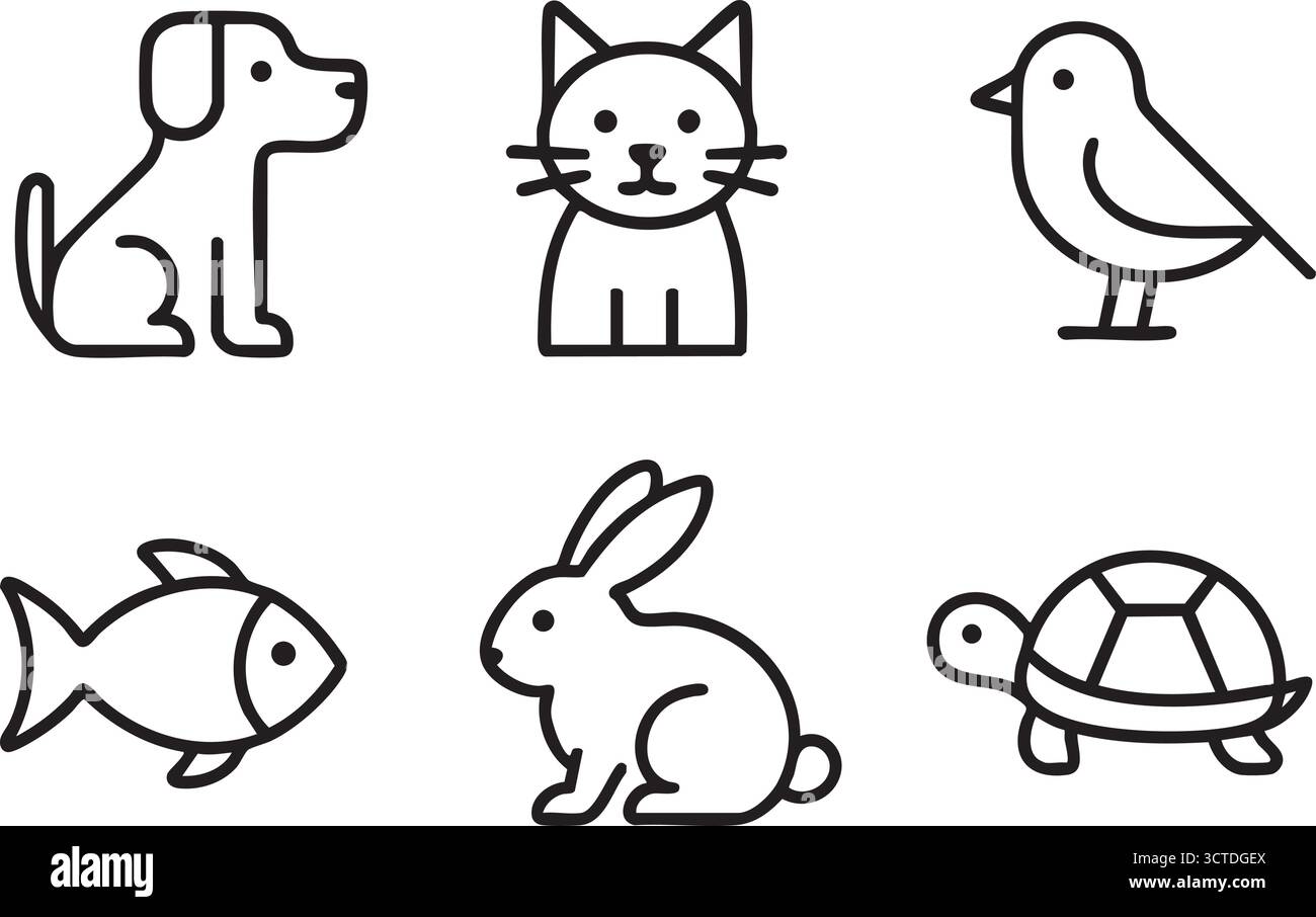 Icônes de contour d'animaux de ferme - vache, porc, mouton, chèvre, cheval, poulet, canard, lapin, dinde, chien, chat, abeille Illustration de Vecteur