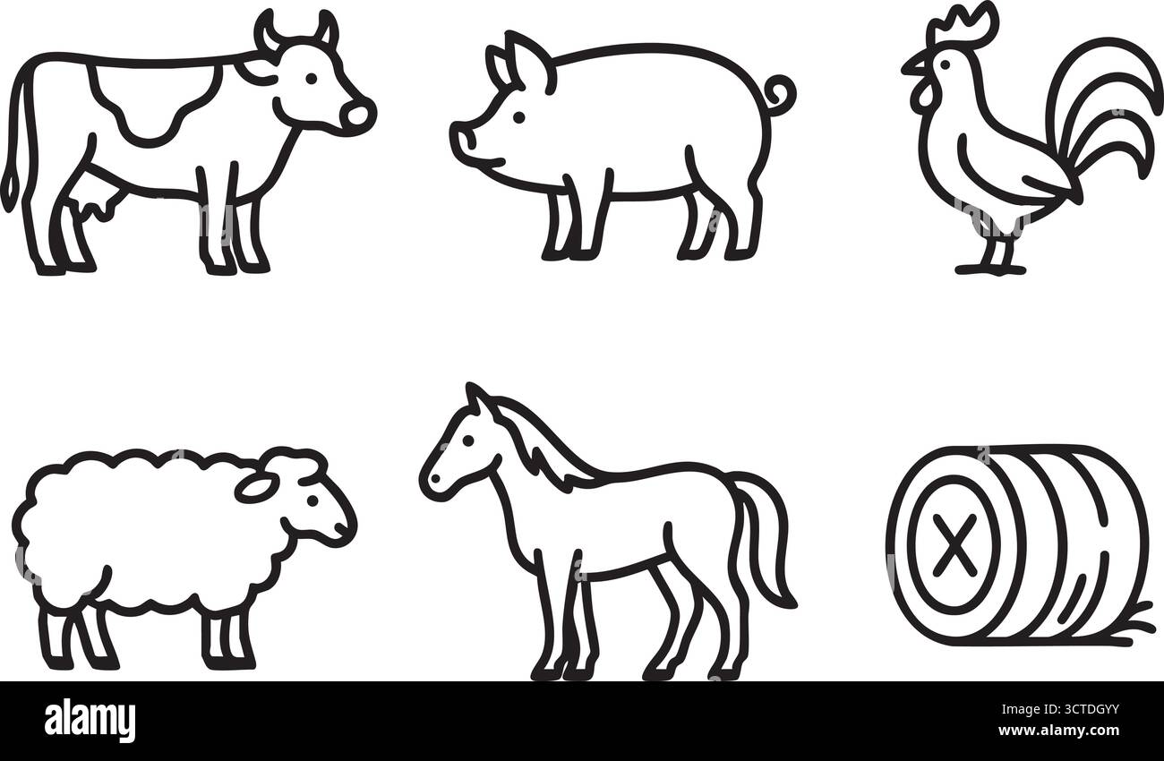 Icônes de contour d'animaux de ferme - vache, porc, mouton, chèvre, cheval, poulet, canard, lapin, dinde, chien, chat, abeille Illustration de Vecteur