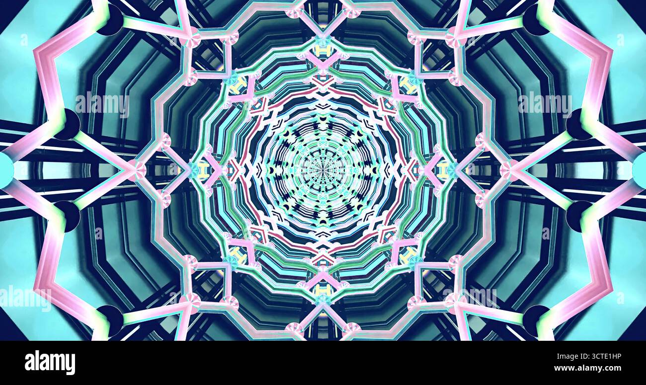 Un design vibrant et symétrique met en valeur des formes et des couleurs complexes. Cette œuvre abstraite captive avec ses motifs répétitifs et son flux dynamique, d Banque D'Images