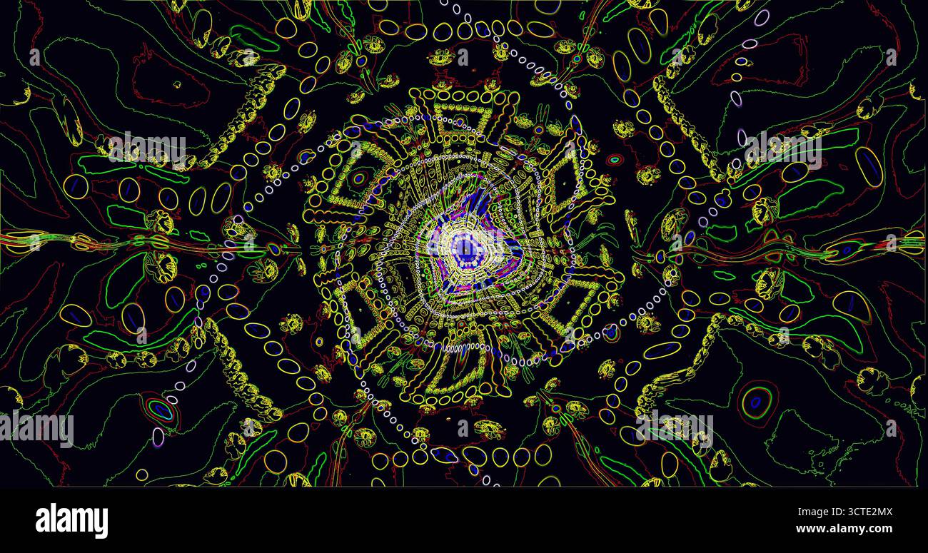 Les couleurs éclatantes créent un motif abstrait tourbillonnant avec des motifs et des formes complexes. L'œuvre présente des lignes fluides et des formes qui captivent Banque D'Images