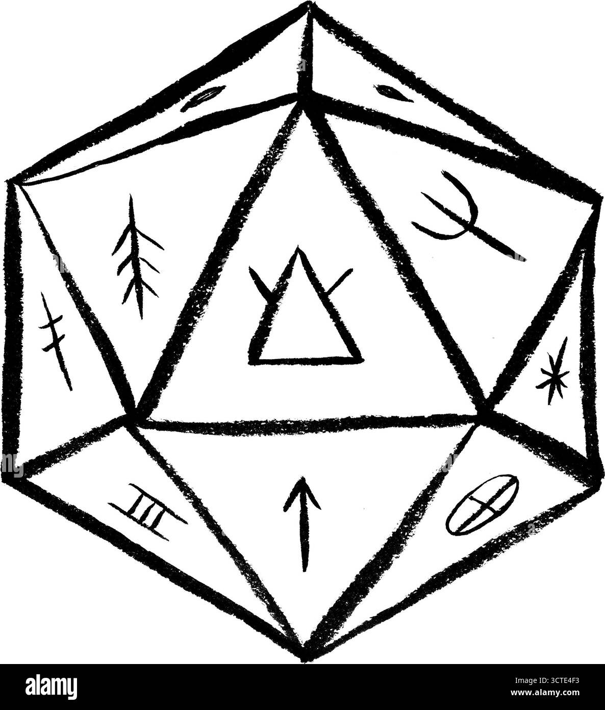 Dessin d'un icosaèdre jouant à la matrice avec des symboles de l'alphabet Minoan linéaire A non déchiffrés dessus Banque D'Images