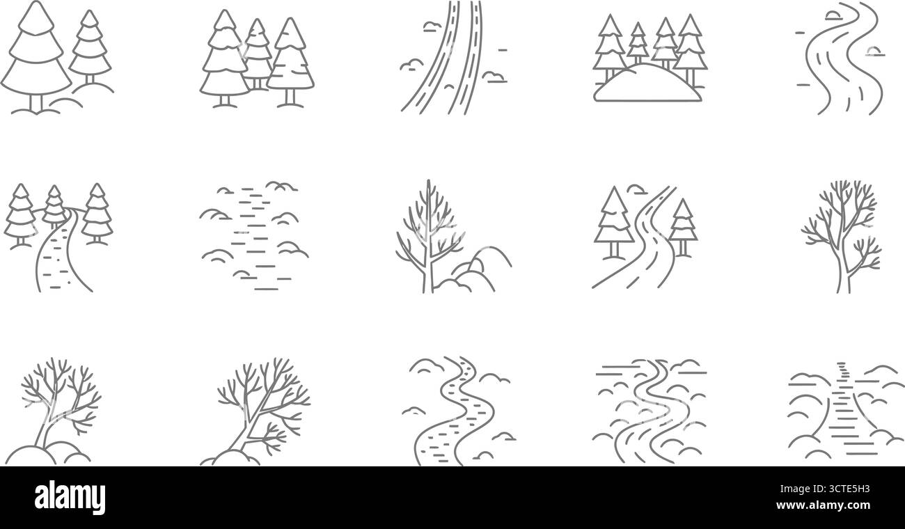 Paysage hivernal avec des arbres, des rivières et des flocons de neige icônes des sports d'hiver Illustration de Vecteur