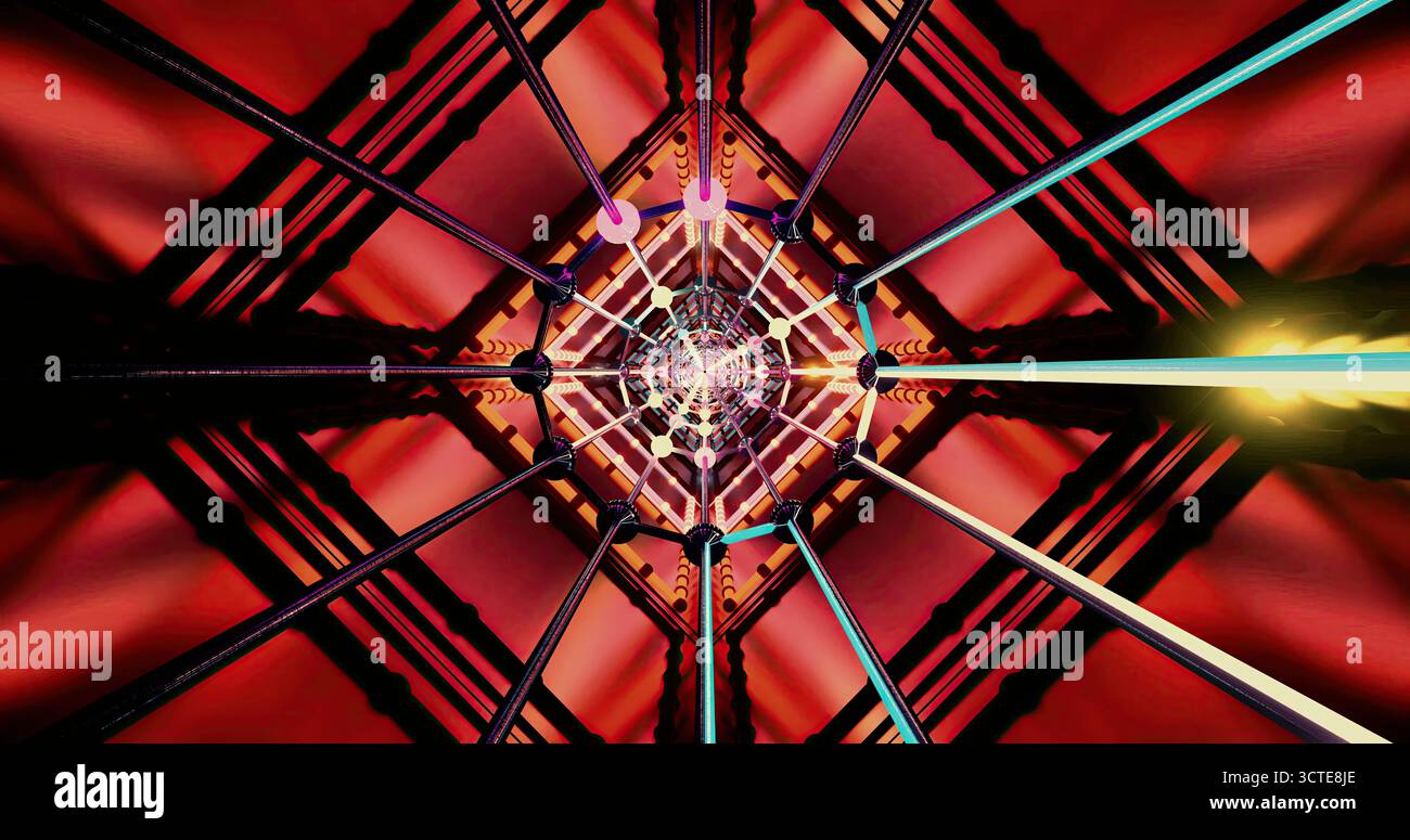 Un design complexe affiche des formes géométriques rayonnant des couleurs vives rouge, orange et violet. Des faisceaux lumineux s'étendent vers l'extérieur, créant un dynam Banque D'Images