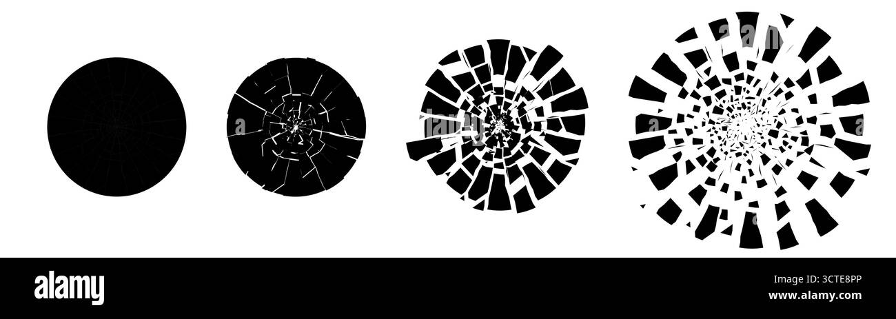 Texture de cercle de verre fissuré avec des fragments éclatés pointus. Effet éclaté abstrait en blanc et noir pour les thèmes d'impact ou d'explosion. Conception vectorielle moderne parfaite pour logo, poster ou concept vfx. Illustration de Vecteur