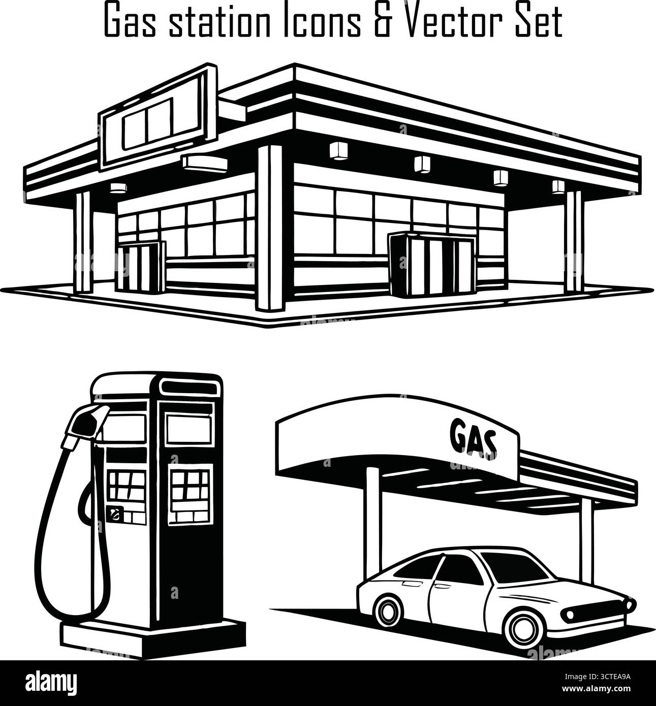 Ensemble d'icônes de station-service, Collection de symboles de pompe à carburant, illustration vectorielle de l'industrie pétrolière et du service énergétique Illustration de Vecteur