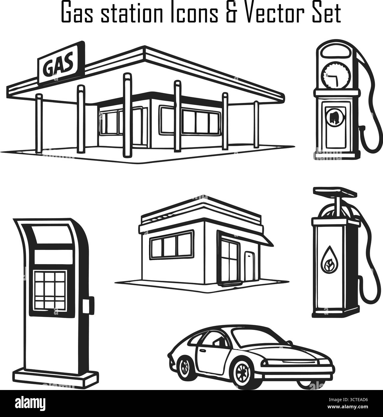 Ensemble d'icônes de station-service, Collection de symboles de pompe à carburant, illustration vectorielle de l'industrie pétrolière et du service énergétique Illustration de Vecteur