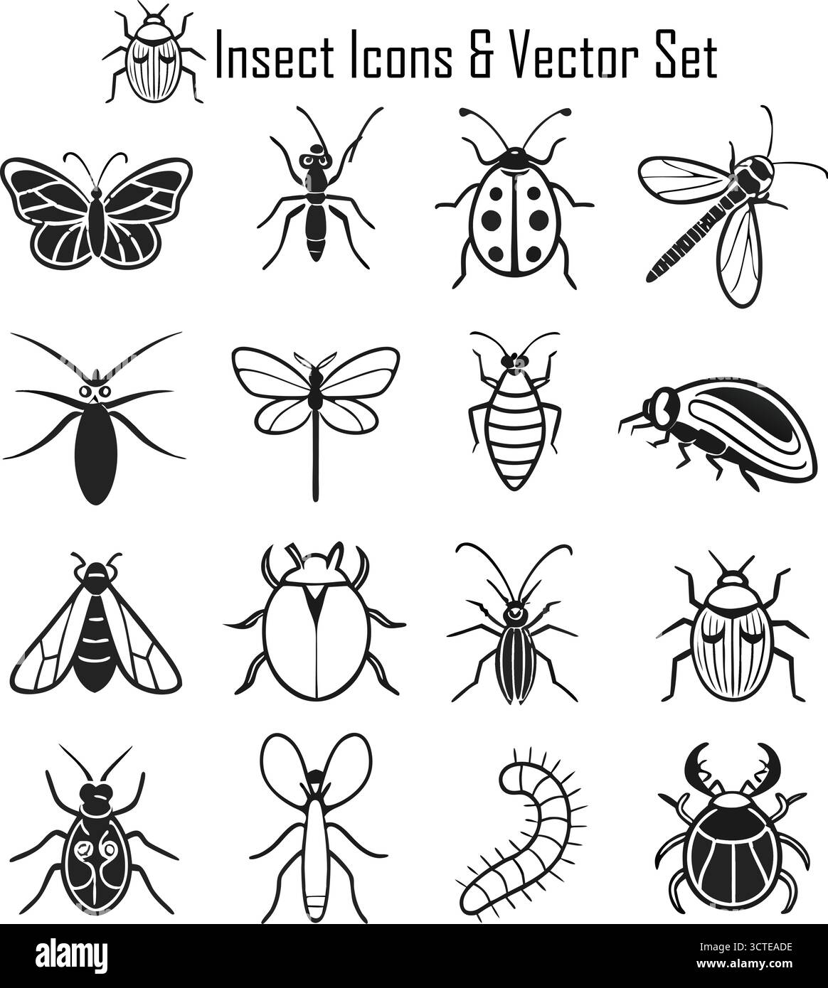 Ensemble d'icônes d'insectes, Collection de symboles d'insectes et d'invertébrés, illustration vectorielle de la nature et de la faune Illustration de Vecteur