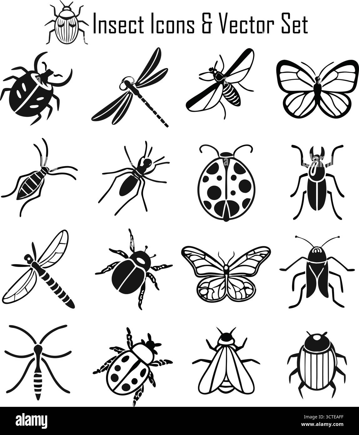 Ensemble d'icônes d'insectes, Collection de symboles d'insectes et d'invertébrés, illustration vectorielle de la nature et de la faune Illustration de Vecteur