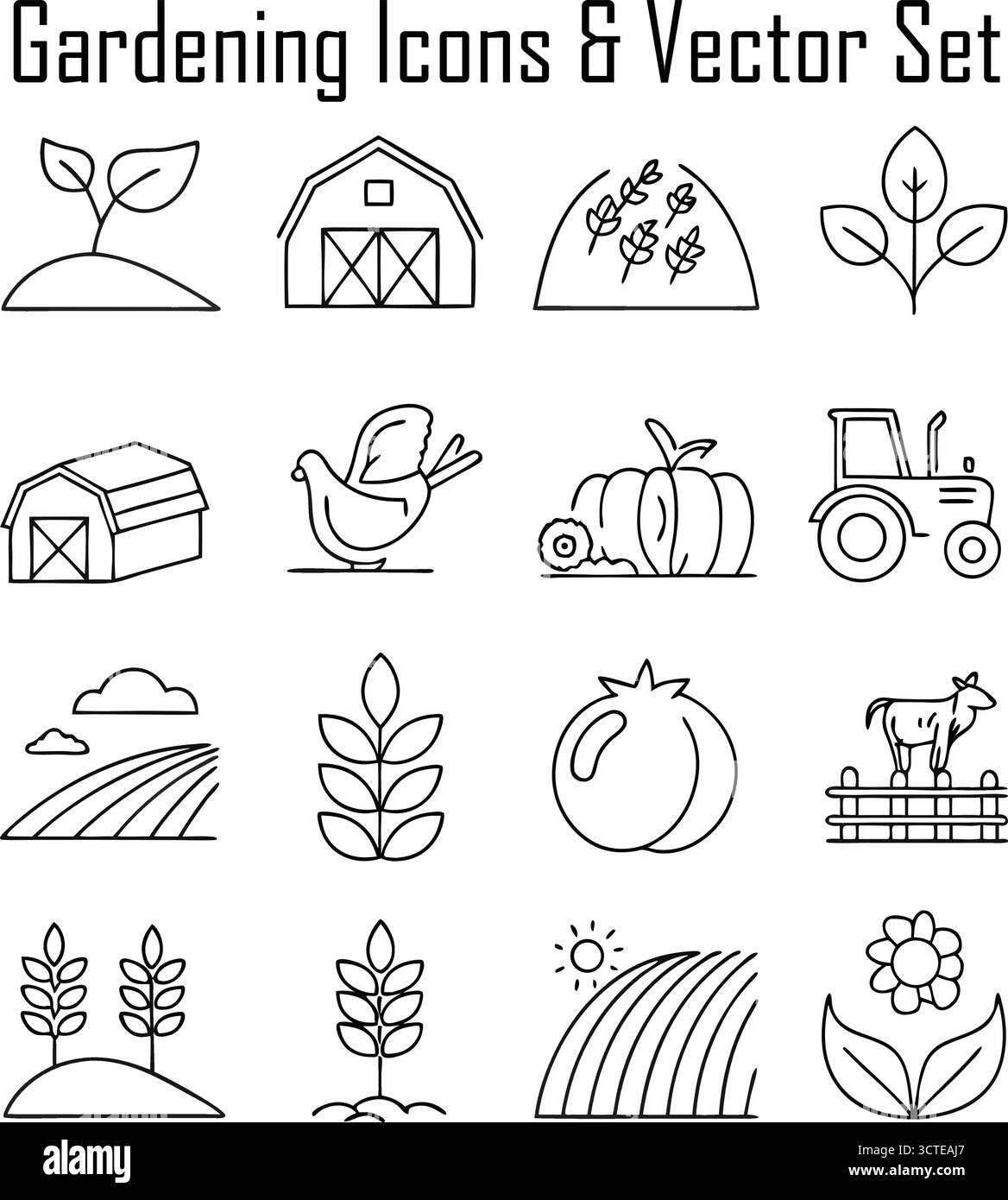 Ensemble d'icônes de jardinage, outils de jardin, plantes et collection de symboles d'aménagement paysager, horticulture et illustration vectorielle extérieure Illustration de Vecteur