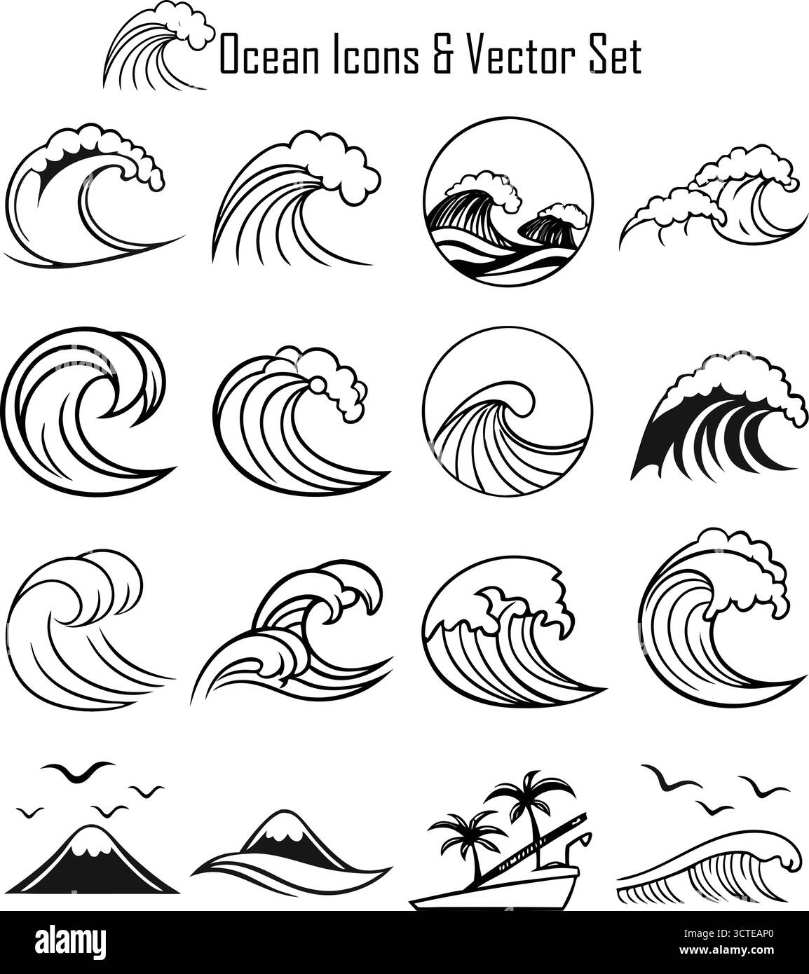 Ocean Icons Set, Sea and Marine Life Symbol Collection, vagues, nautique et illustration vectorielle de l'eau Illustration de Vecteur