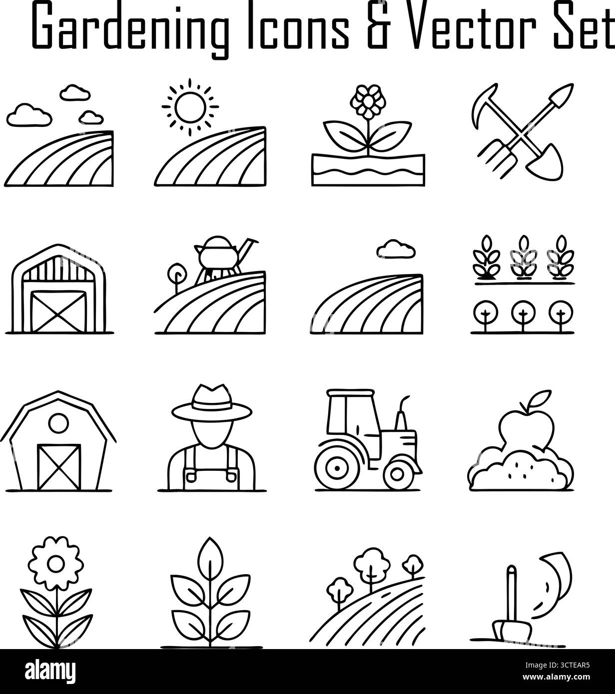 Ensemble d'icônes de jardinage, outils de jardin, plantes et collection de symboles d'aménagement paysager, horticulture et illustration vectorielle extérieure Illustration de Vecteur