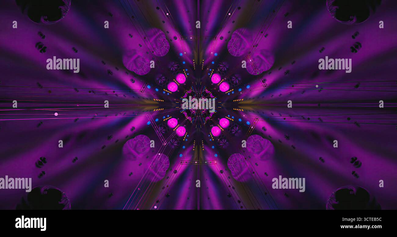 L'art abstrait coloré présente un fond violet profond avec des motifs géométriques dynamiques et des éléments circulaires brillants. Le design crée un sentiment de Banque D'Images