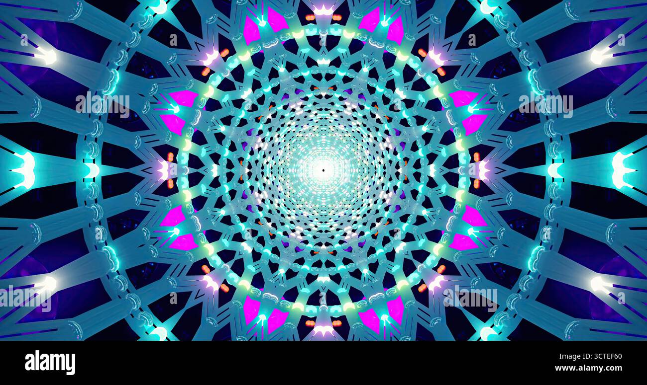 Ce design captivant présente un mandala coloré avec des motifs géométriques complexes. Les teintes vives de bleu, violet et blanc créent un fascinant Banque D'Images