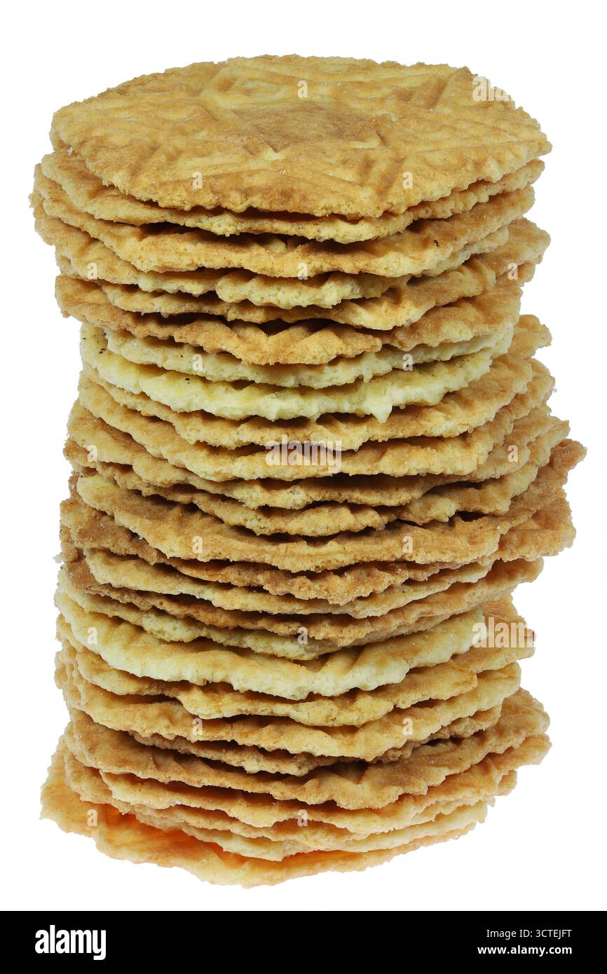 Galetwafels hollandais (gaufres au sucre) isolés sur fond blanc Banque D'Images