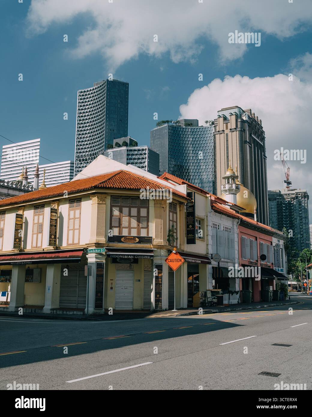 Singapour, Singapour - 09 avril 2024 : vue sur les maisons de shophouses historiques se prélasser dans la lumière chaude du soleil, juxtaposée contre les gratte-ciel imposants et modernes qui traversent le ciel bleu clair. Banque D'Images
