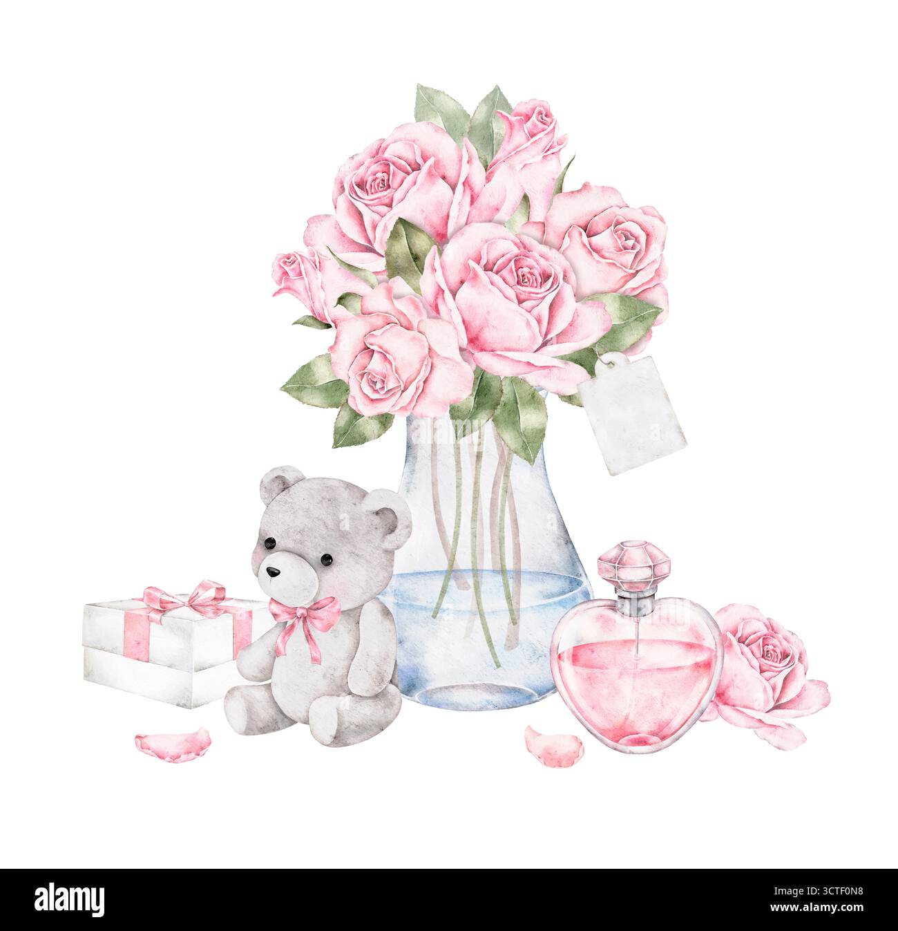 Composition d'aquarelle romantique avec ours en peluche, bouteille de parfum, roses et boîte-cadeau sur fond blanc. Parfait pour les cartes de Saint-Valentin, les invitations, un Banque D'Images