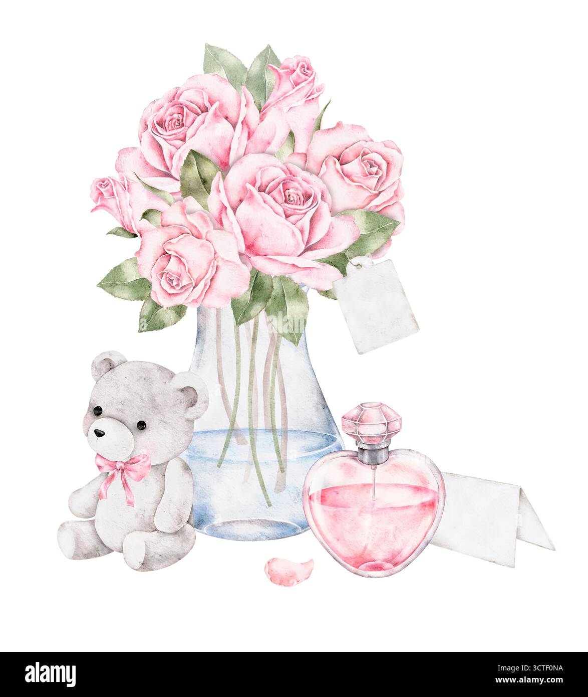 Illustration aquarelle avec ours en peluche assis près du bouquet de roses roses roses dans le vase et bouteille de parfum. Œuvre d'art romantique et douce parfaite pour le greetin Banque D'Images