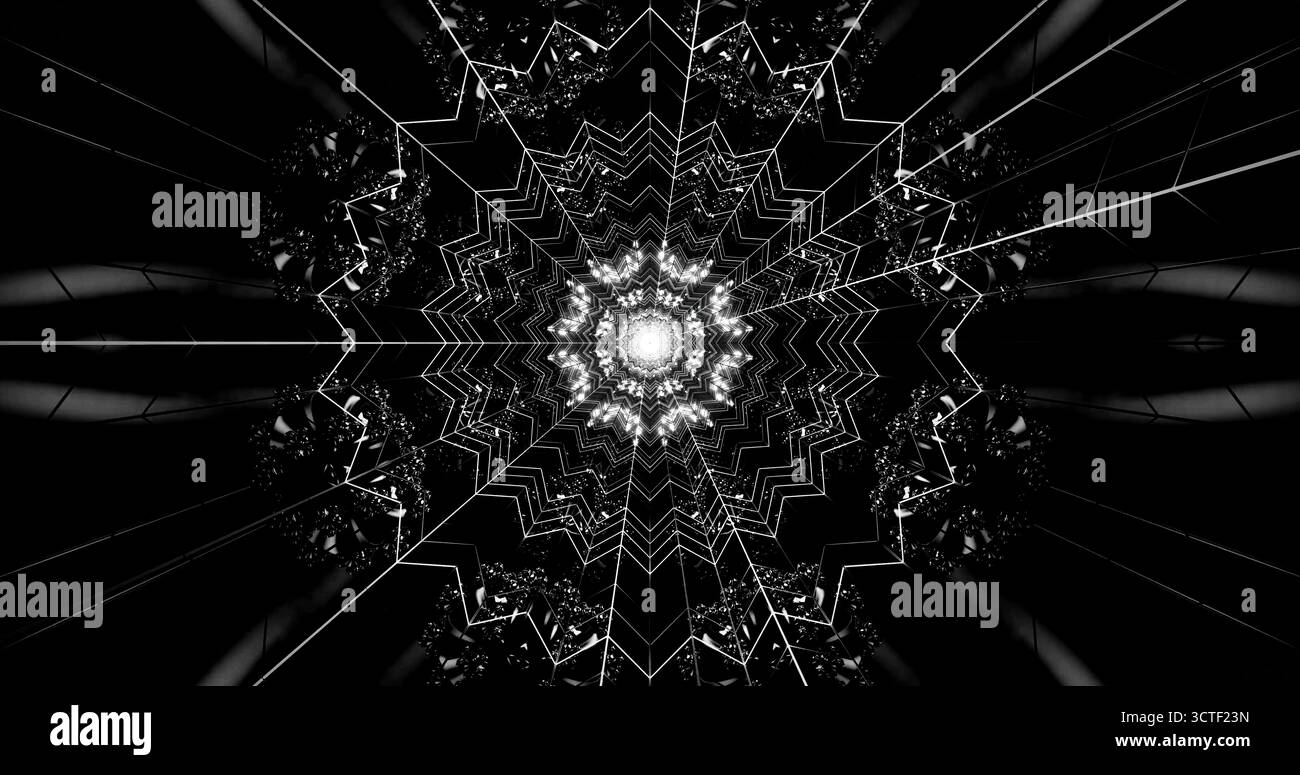 Cette œuvre présente un design géométrique complexe avec des lignes nettes et des formes symétriques, créant une sensation de profondeur et de mouvement. Le noir et blanc Banque D'Images