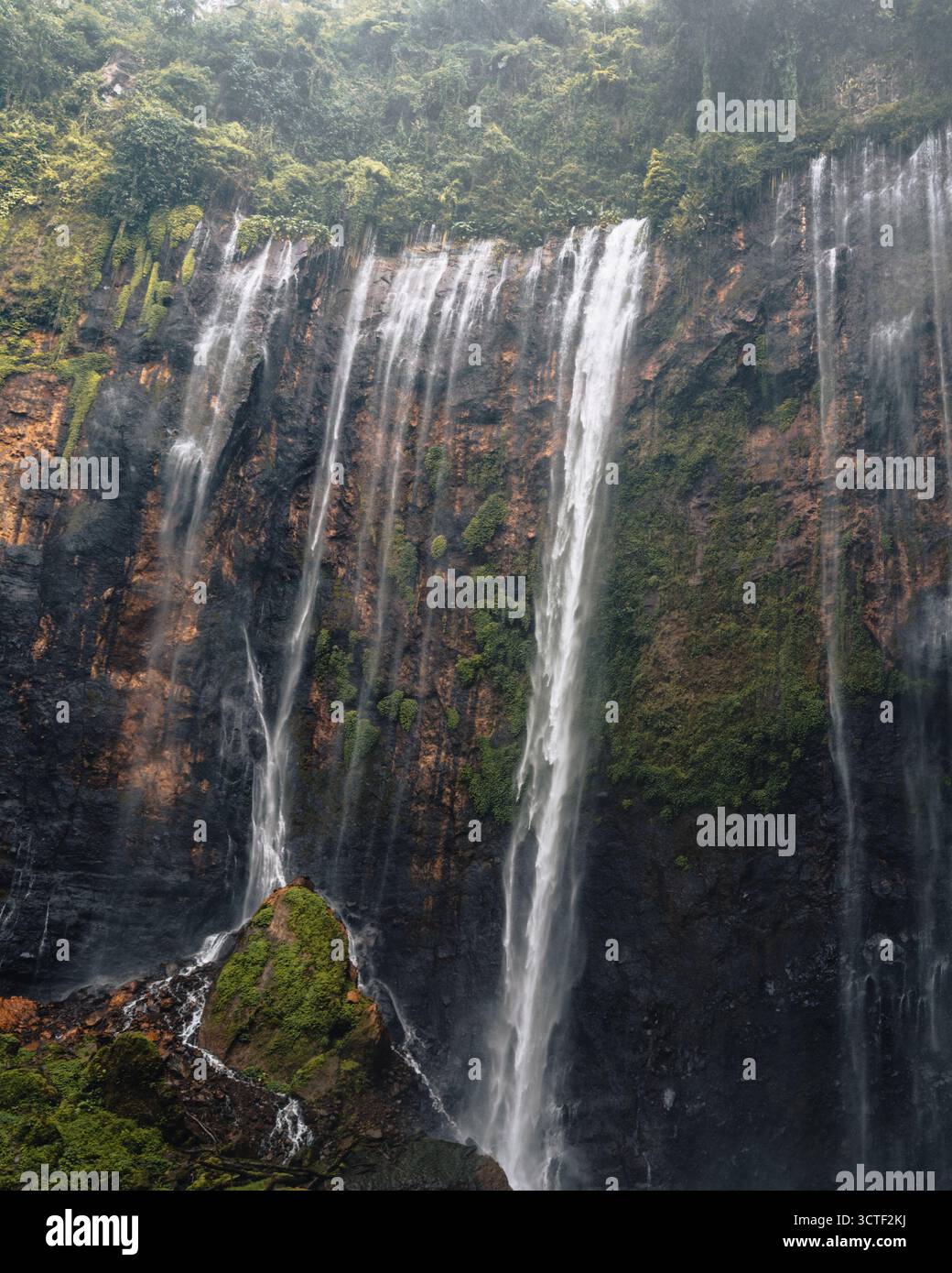 Vue sur les cascades plonger dans une falaise accidentée, enveloppée de brume et de verdure luxuriante, créant un spectacle naturel époustouflant, Tumpak Sewu, Banque D'Images