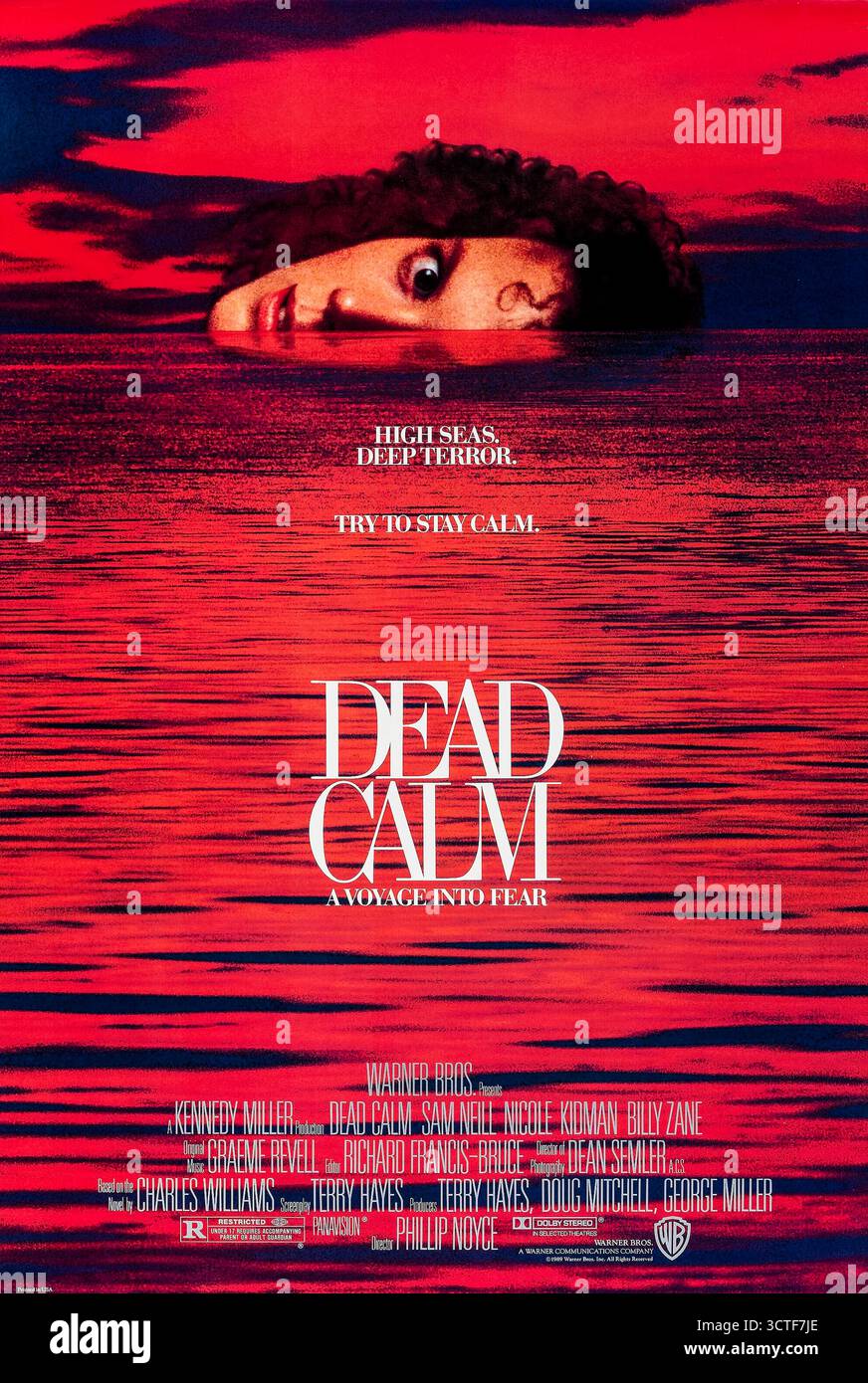 Dead Calm (1989) réalisé par Phillip Noyce avec Nicole Kidman, Sam Neill et Billy Zane. Un couple en deuil rencontre un étranger dangereux sur leur yacht dans le Pacifique, menant à une bataille tendue pour la survie. Photographie d'une affiche américaine originale de 1989 À USAGE ÉDITORIAL EXCLUSIF. Crédit : BFA / Roadshow Banque D'Images