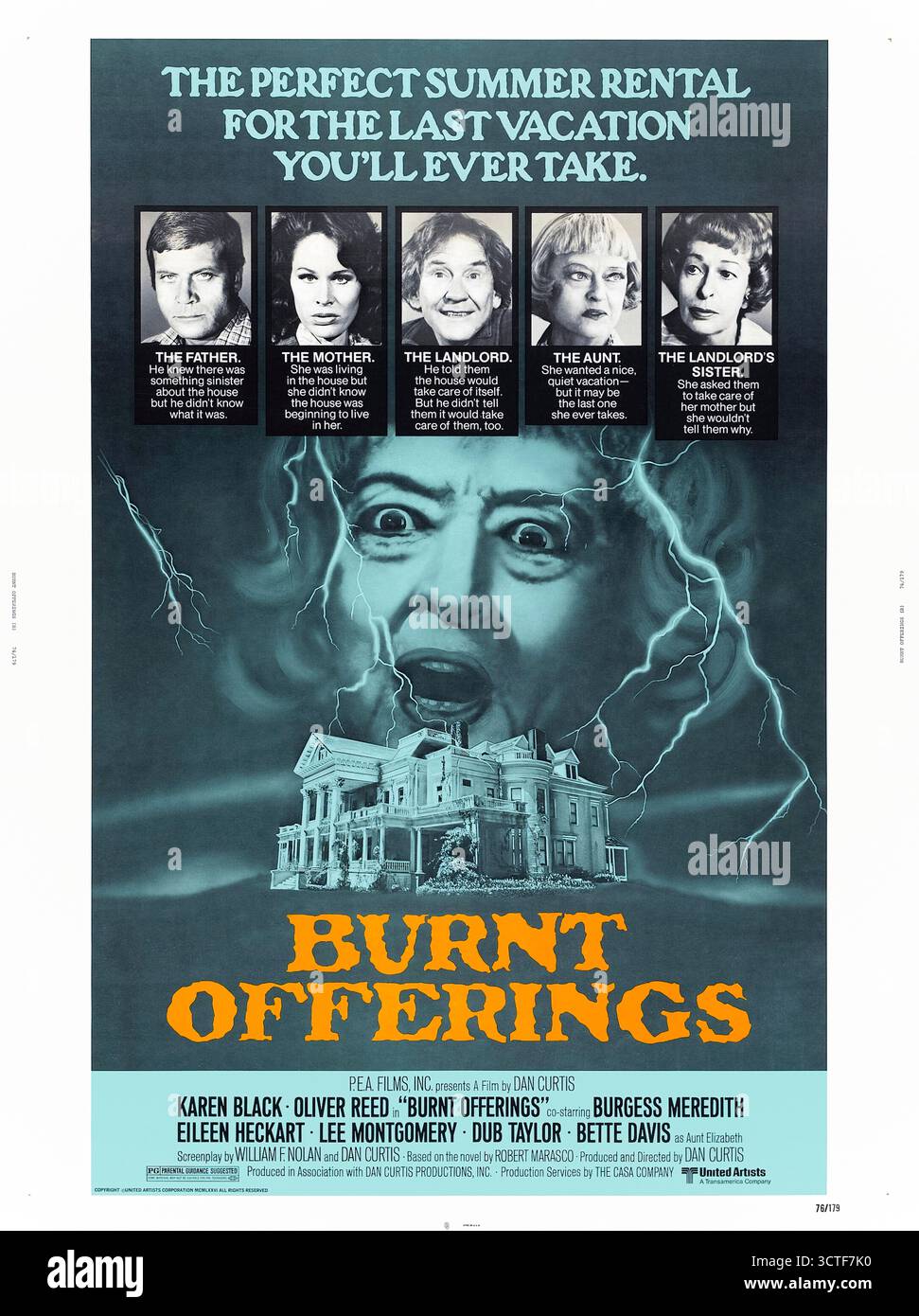 Burnt Offering (1976) réalisé par Dan Curtis et mettant en vedette Karen Black, Oliver Reed et Bette Davis. Une famille louant un manoir isolé pour l'été se retrouve déchirée par des forces surnaturelles sinistres. Photographie d'une affiche américaine originale de 1976 À USAGE ÉDITORIAL EXCLUSIF. Crédit : BFA / United Artists Banque D'Images