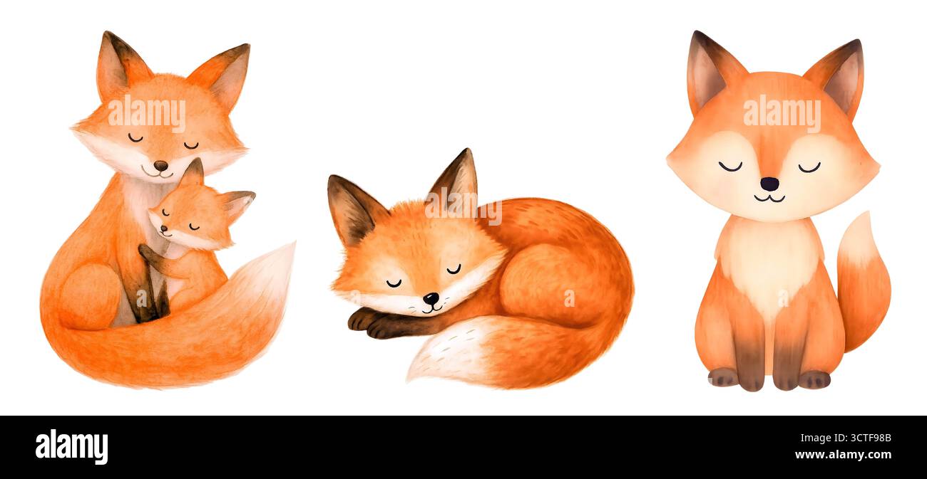 Aquarelle Fox Clipart Set – Cute Woodland Foxes en orange et gris, assis, dormir et hurler – illustrations animales pour les tirages de pépinière, autocollants Banque D'Images