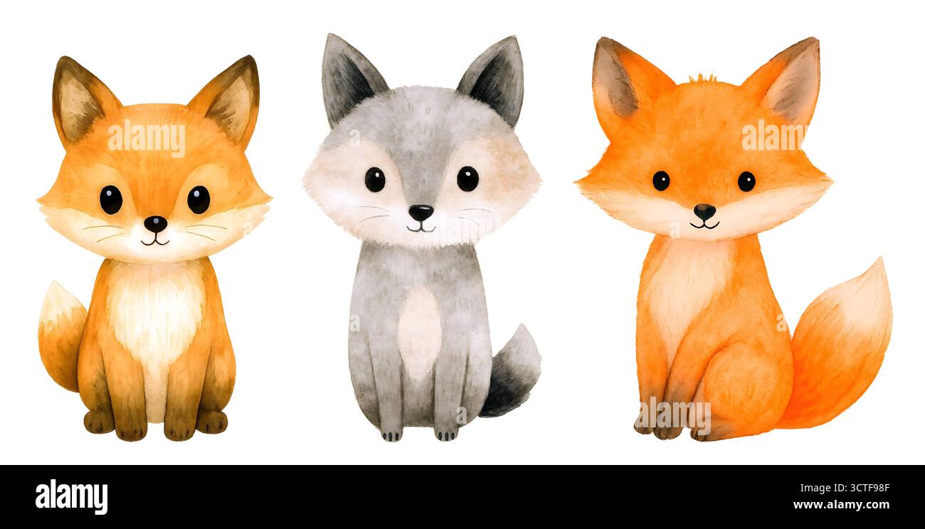 Aquarelle Fox Clipart Set – Cute Woodland Foxes en orange et gris, assis, dormir et hurler – illustrations animales pour les tirages de pépinière, autocollants Banque D'Images