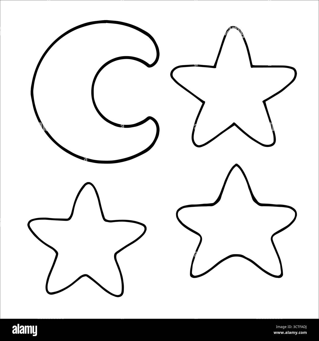 Illustration vectorielle d'une Lune et d'étoiles. Illustration de ligne de contour d'un croissant de lune avec étoiles. Objets du ciel dans un style de contour simple. Dessin linéaire Illustration de Vecteur