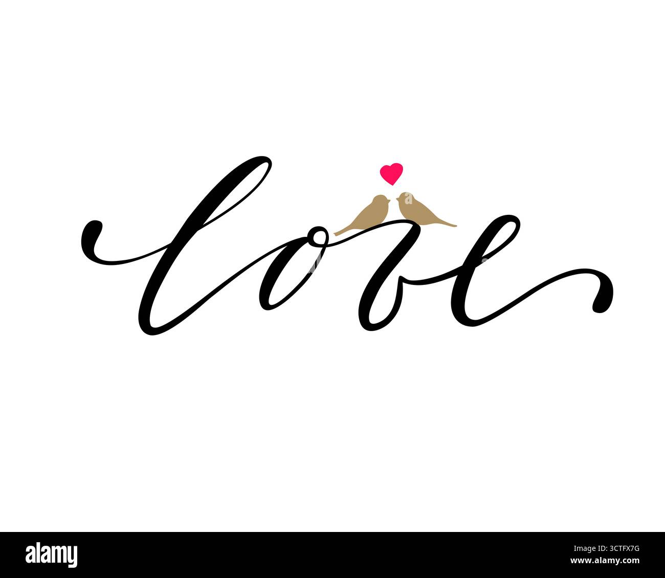 Love main dessin lettrage avec assis deux oiseaux et symbole de coeur isolé sur fond blanc. Illustration de Vecteur