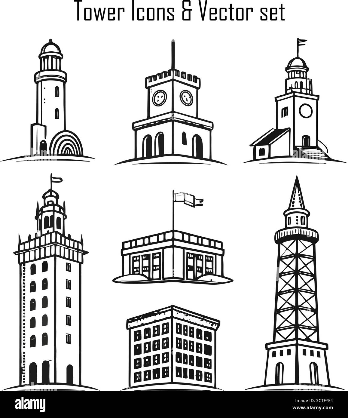 Ensemble d'icônes de tour - architecture, bâtiment, point de repère, Design urbain, illustration vectorielle de gratte-ciel Illustration de Vecteur