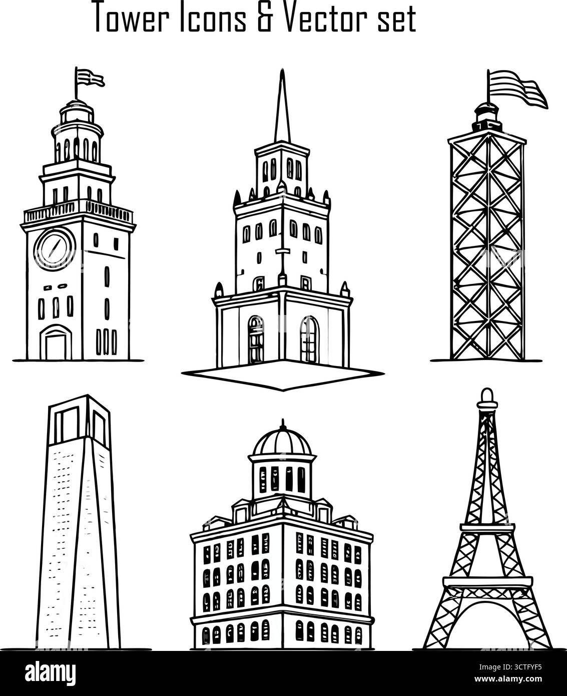 Ensemble d'icônes de tour - architecture, bâtiment, point de repère, Design urbain, illustration vectorielle de gratte-ciel Illustration de Vecteur