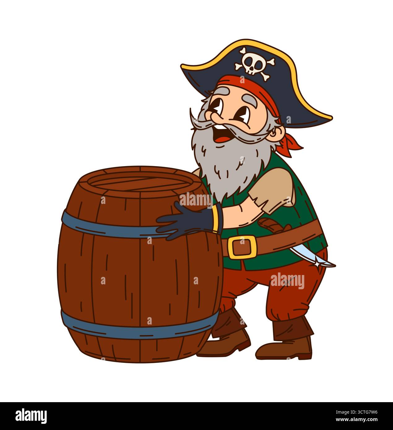 Pirate de dessin animé européen et personnage corsaire avec baril de rhum. Vecteur isolé groovy drôle capitaine y2k personnage montre une expression joyeuse embrassant un grand fût en bois, rempli de boisson alcoolisée Illustration de Vecteur