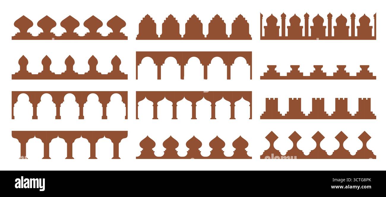 Décor ancien motif saoudien arabe, frontière islamique, formes marocaines. Ensemble vectoriel de créneaux ou de garnitures architecturaux moghols et du moyen-Orient ornementaux. Silhouettes de palais, mosquées et forteresses Illustration de Vecteur