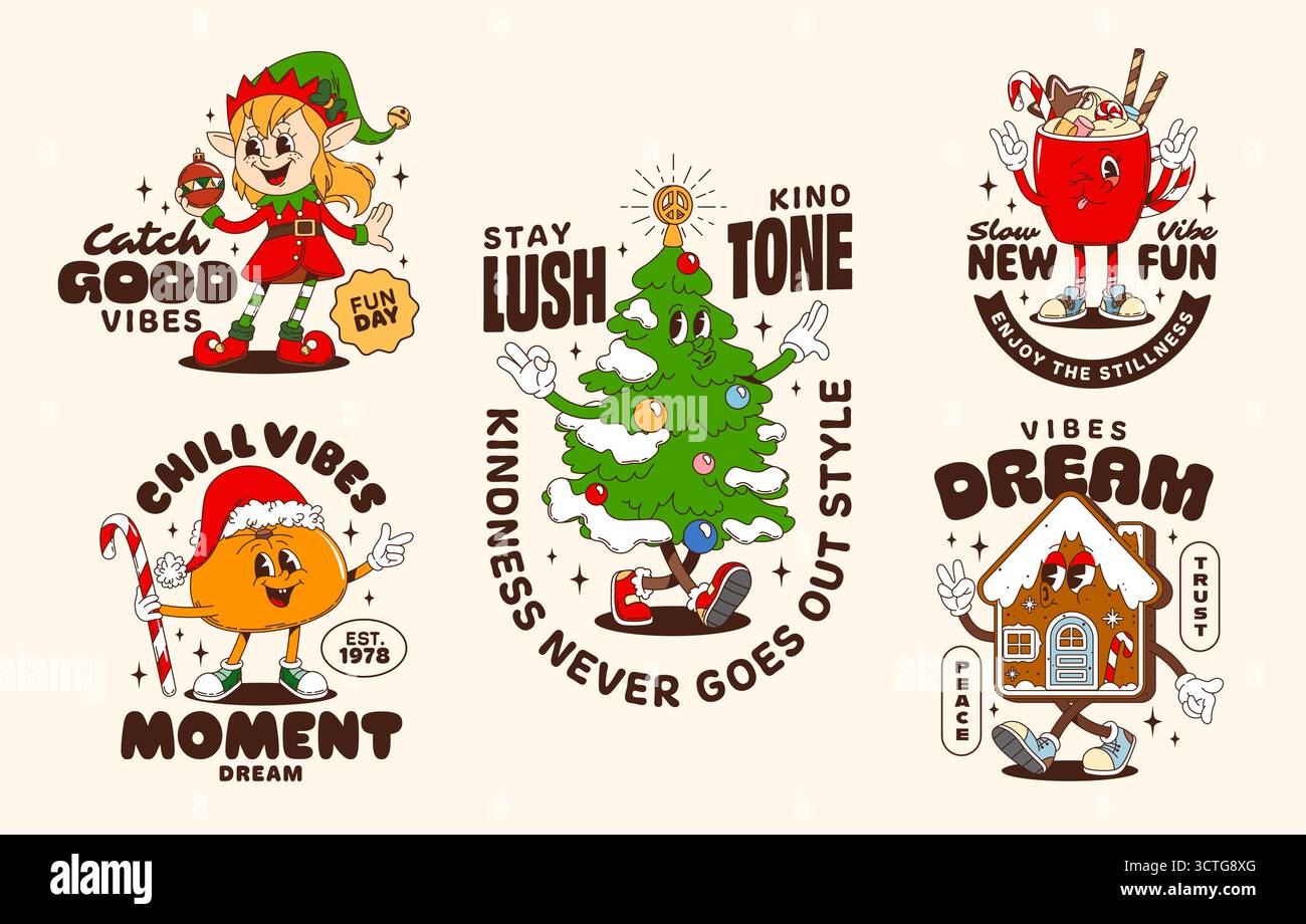 Autocollants rétro et t-shirts de Noël groovy Characters. Dessin animé vectoriel lutin drôle, arbre de Noël, maison en pain d'épice, orange et boisson chaude avec canne à bonbons. Patchs vectoriels festifs avec guillemets positifs Illustration de Vecteur