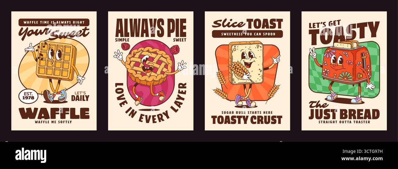 Affiches de personnages de pâtisserie et de boulangerie groovy. Les cartes de dessins animés vintage représentant des personnages gastronomiques joyeux comme des gaufres, des tartes, des toasts et un grille-pain aux visages expressifs évoquent une ambiance de boulangerie ludique et nostalgique Illustration de Vecteur